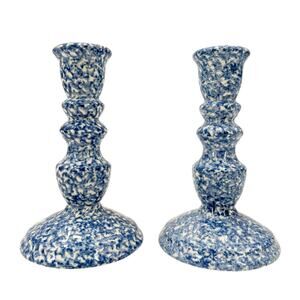 vintage pair blue white spongeware Candlestick Holders taper ceramic cottagecore